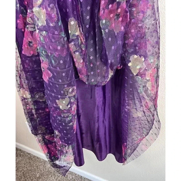 Mac Duggal Leena Cap Sleeve Floral A Line Dress Pleated Dot Tulle Womens Size 8 - Picture 4 of 14